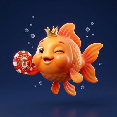 Fish & Chips 777 mascot: a smiling goldfish with a crown holding a 777 chip