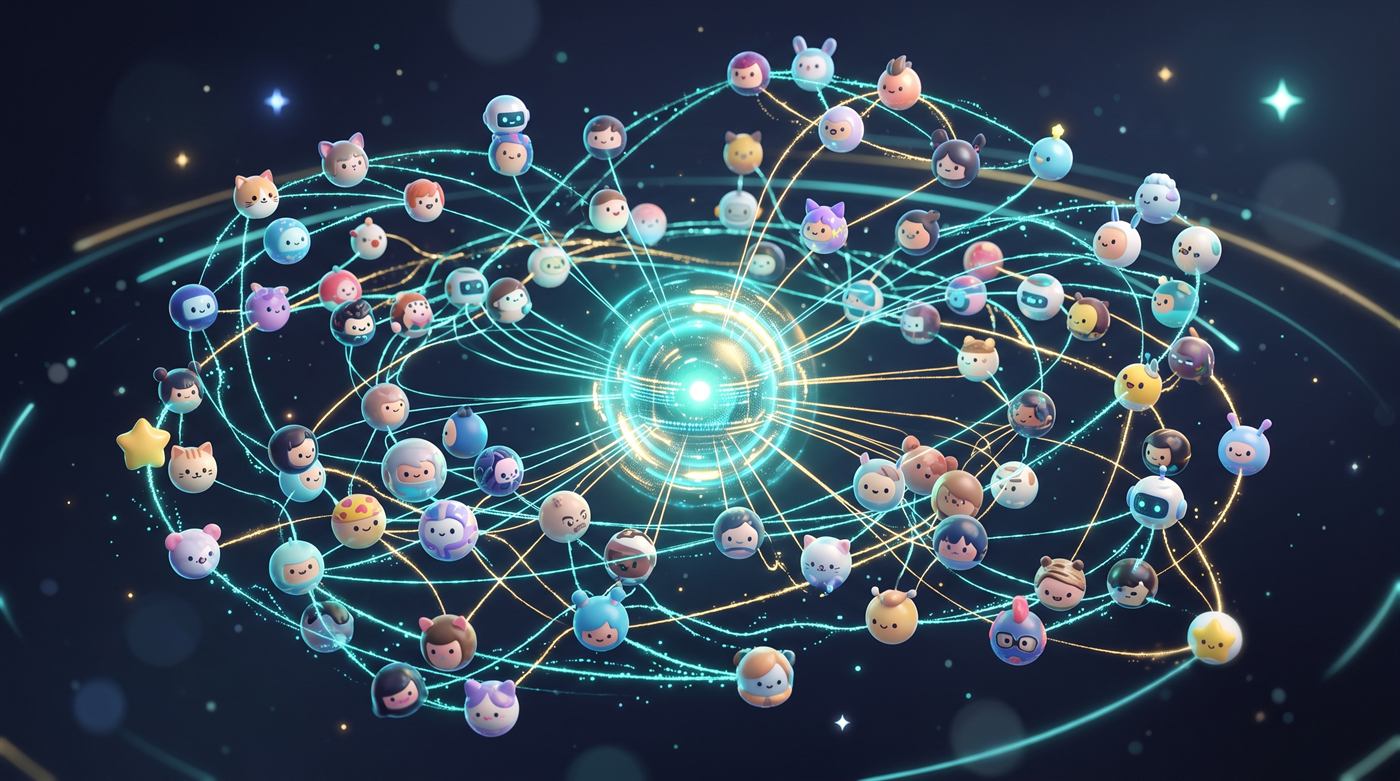 Dozens of small avatar bubbles connected by glowing lines around a central core
