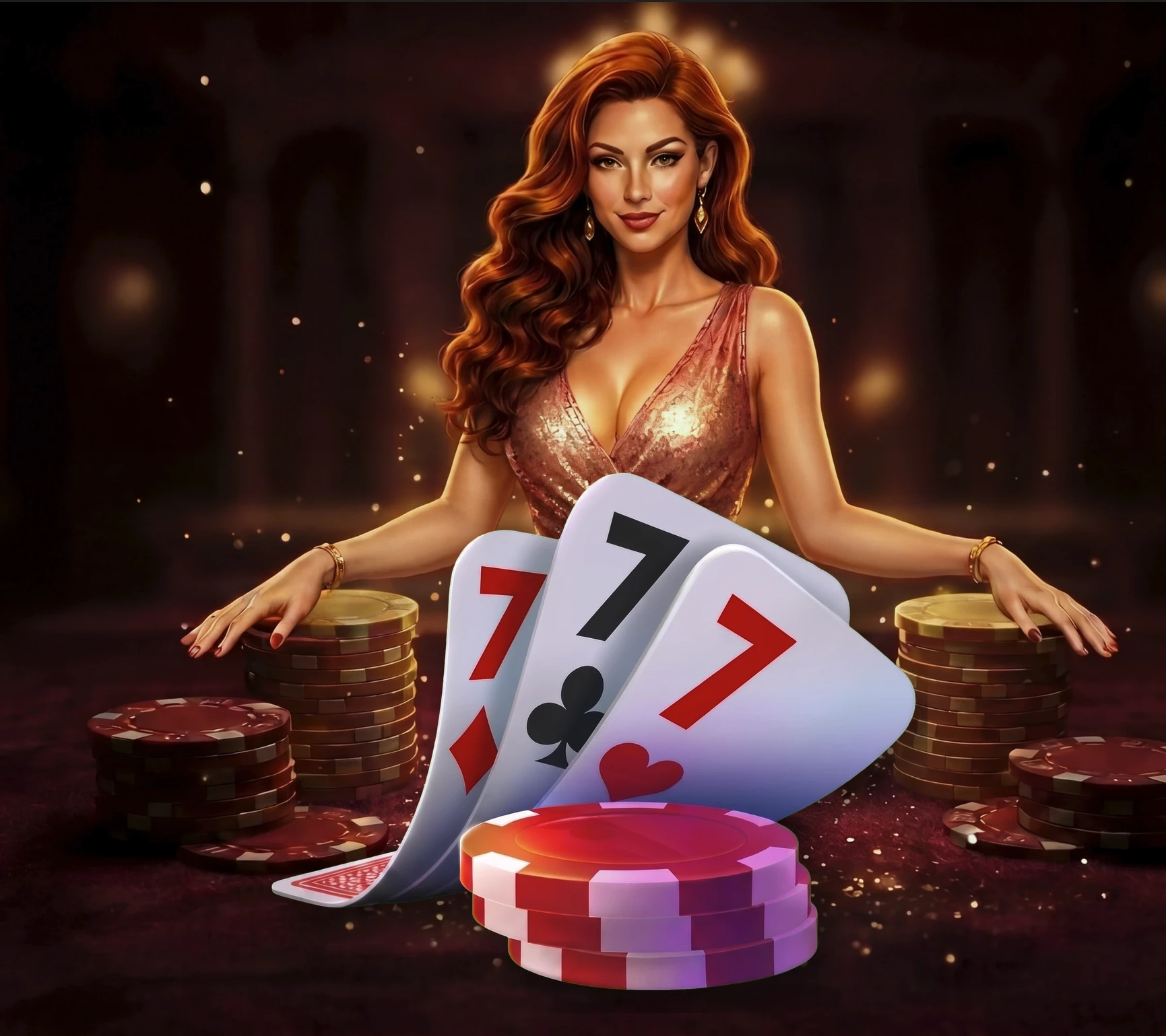 VIP Svara hostess behind three sevens and stacks of chips
