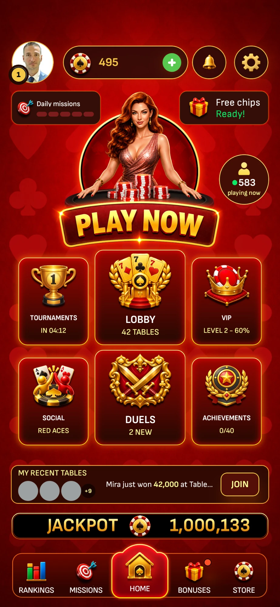 Preview of the Svara v2 home screen with tournaments, lobby, VIP, social, duels and achievements